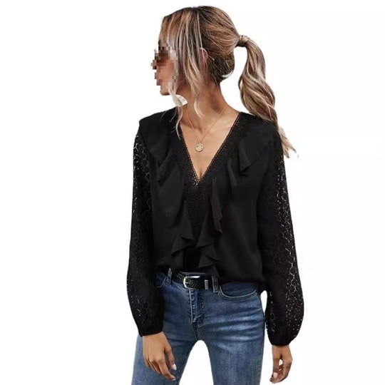 Damen Rüschenbluse mit transparenten Ärmeln und feinen Spitzenakzenten EB