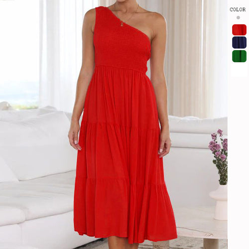 Damen Elegantes One-Shoulder-Maxikleid mit fließendem Rock EB