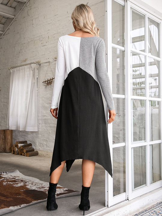 Damen langärmliges Wickelkleid mit asymmetrischem Saum und V-Ausschnitt EB