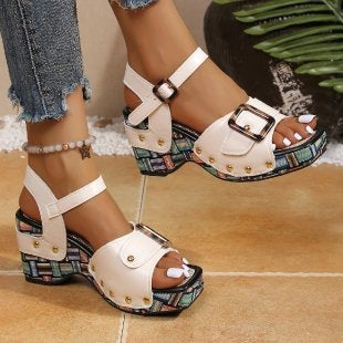 Damen Plateau-Sandalen mit modischem Animal-Print und verstellbarem Riemen EB