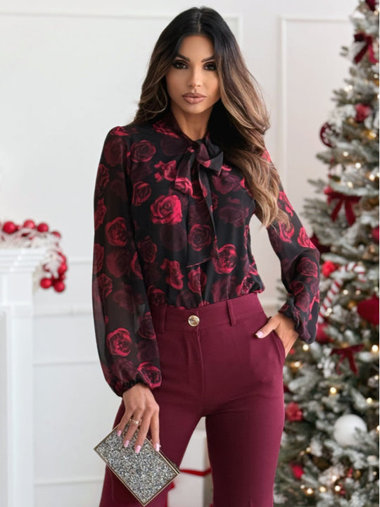 Damen Elegante Bluse mit Schleifenkragen und floralen Mustern EB