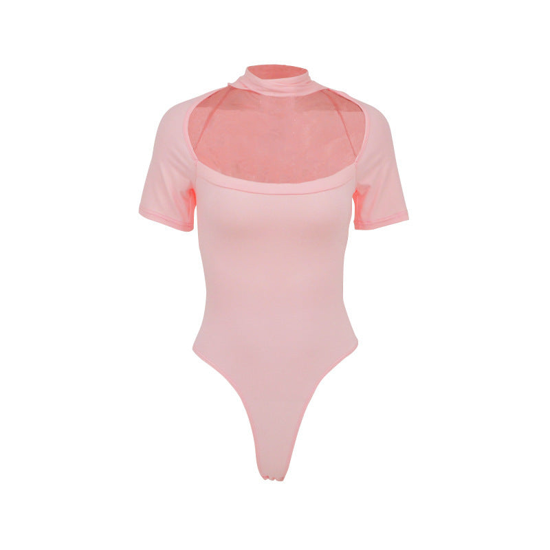 Damen Hochgeschlossenes Body-Oberteil mit transparentem Netz-Material und kurzen Ärmeln EB