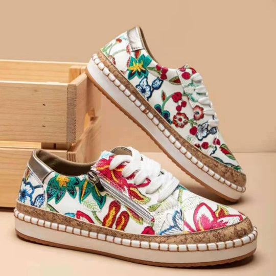 Damen Modische Sneaker mit buntem Muster und hochwertigem Korkrand EB