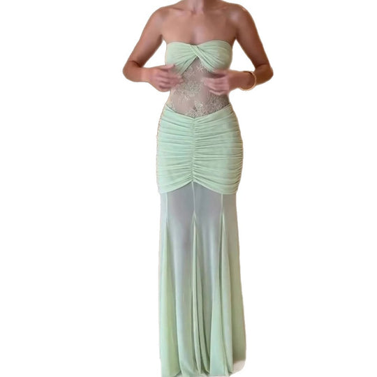 Damen Glamouröses Abendkleid mit Raffungen und Spitze EB