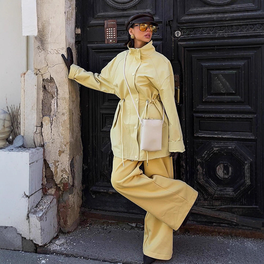 Damen Modische Regenjacke mit verstellbarem Taillenzug und praktischen Taschen EB