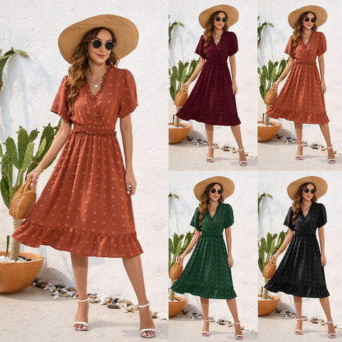 Damen Midikleid mit raffiniertem V-Ausschnitt, elastischem Taillenzug und fließendem Rock EB