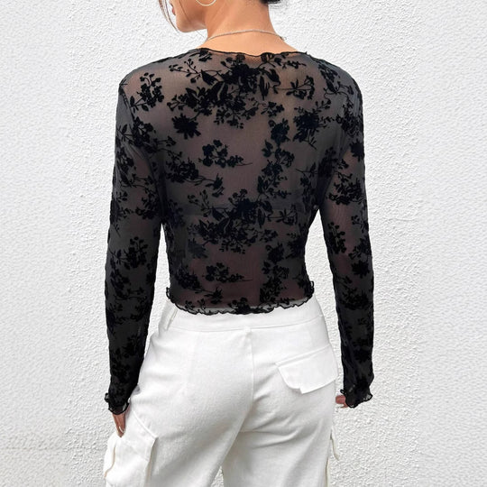 Damen Transparente Bluse mit floralem Design und feinen Spitzenakzenten EB