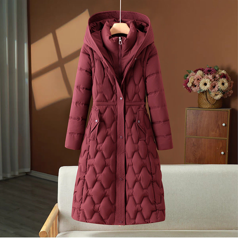 Damen nan langer gesteppter Wintermantel mit Kapuze und taillierter Silhouette EB