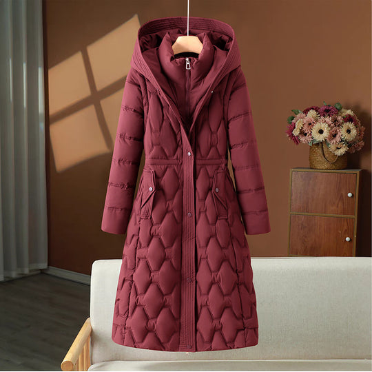 Damen nan langer gesteppter Wintermantel mit Kapuze und taillierter Silhouette EB