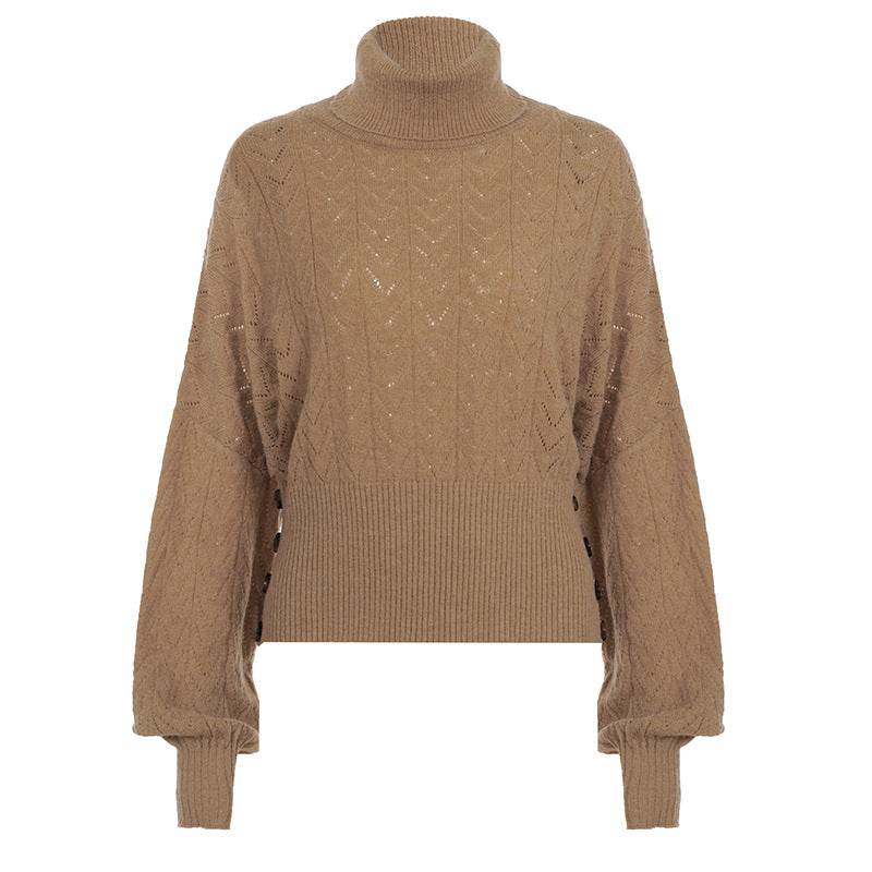Damen nan kurzes Strick-Turtleneck mit Zierknopfleiste und Ballonärmeln EB
