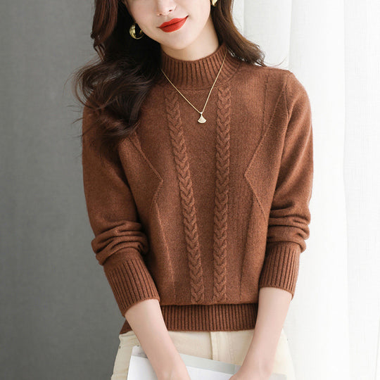 Damen Grobstrickpullover mit elegantem Zopfmuster und hohem Kragen EB