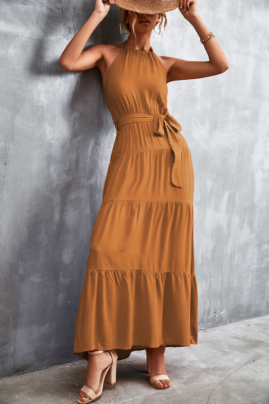 Damen Maxikleid mit schickem Halterdesign und fließendem Rock EB