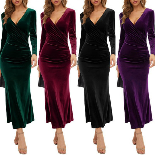 Damen nan elegantes Wickel-Maxikleid aus Samt mit V-Ausschnitt und figurformender Raffung EB