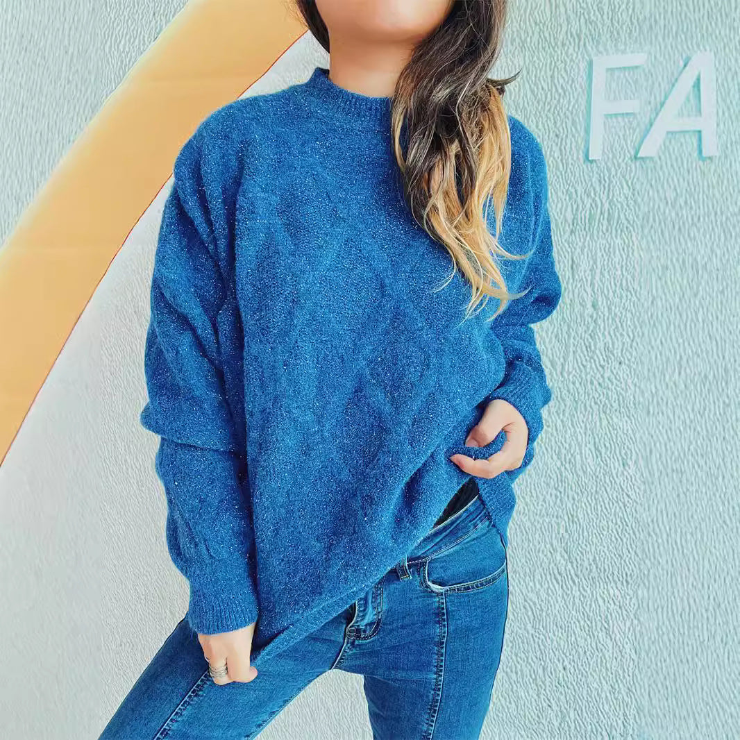 Damen Grobstrickpullover mit elegantem Rautenmuster und voluminösen Ärmeln EB