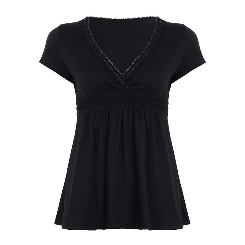 Damen Lockeres Sommerkleid mit V-Ausschnitt und Spitzenverzierungen EB