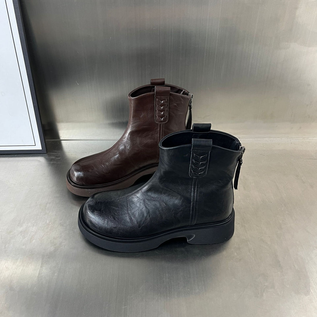 Damen Modische Leder-Stiefeletten mit robustem Plateau und feinem Zipper EB