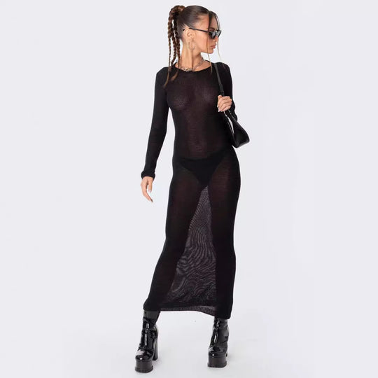 Damen elegantes Strick-Maxikleid mit Schnittdetails und stilvollem Ärmel EB