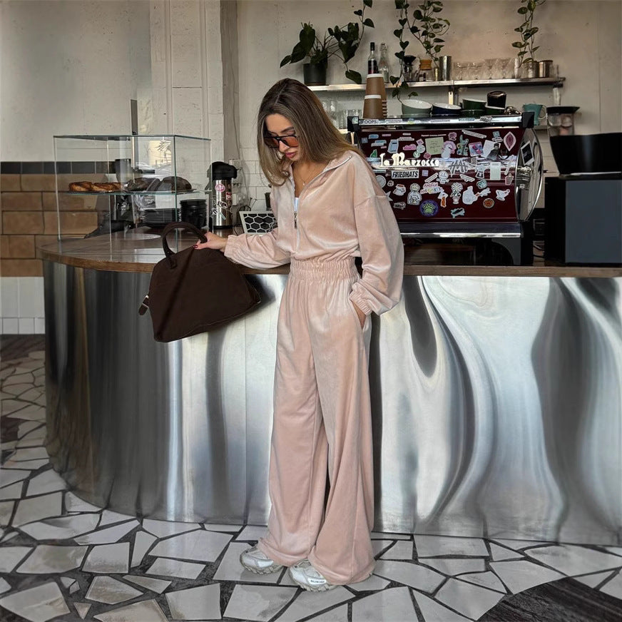 Damen Velours-Overall mit Reißverschluss, elastischem Taillenbund und weitem Palazzo-Bein EB