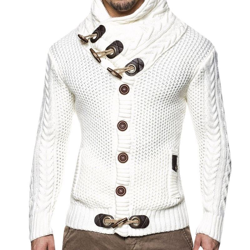 Herren gestrickter Cardigan mit hohem Kragen und modernen Holzknebel EB