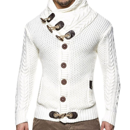 Herren gestrickter Cardigan mit hohem Kragen und modernen Holzknebel EB