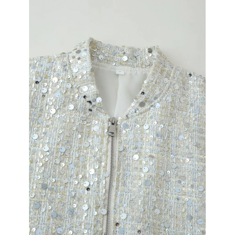 Damen Glitzernde Bomberjacke mit glänzenden Pailletten und Reißverschluss EB