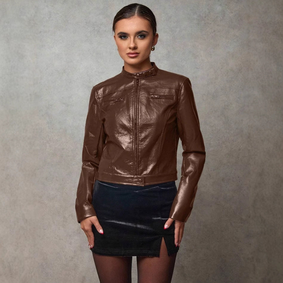Damen Kurze Kunstlederjacke mit asymmetrischem Schnitt EB