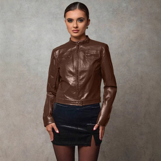 Damen Kurze Kunstlederjacke mit asymmetrischem Schnitt EB