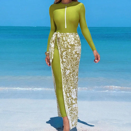 Damen Badeanzug mit langem Arm und elegantem Wickelrock EB