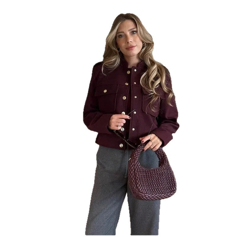 Damen Modische Kurzjacke mit praktischen Taschen und goldenen Druckknöpfen EB
