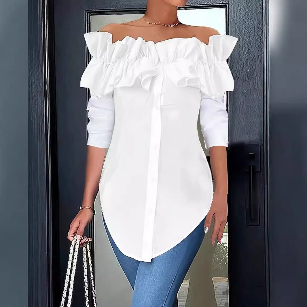 Damen Off-Shoulder Bluse mit Rüschen und Knopfleiste EB