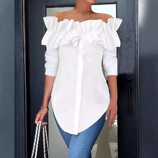 Damen Off-Shoulder Bluse mit Rüschen und Knopfleiste EB