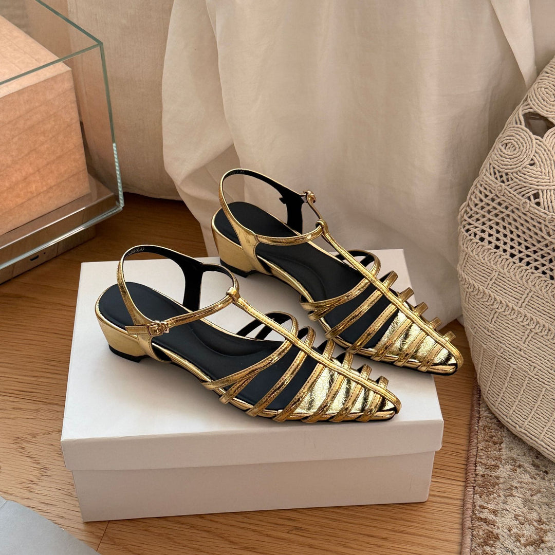 Damen elegante Slingback Sandalen mit goldener Metalloberfläche EB