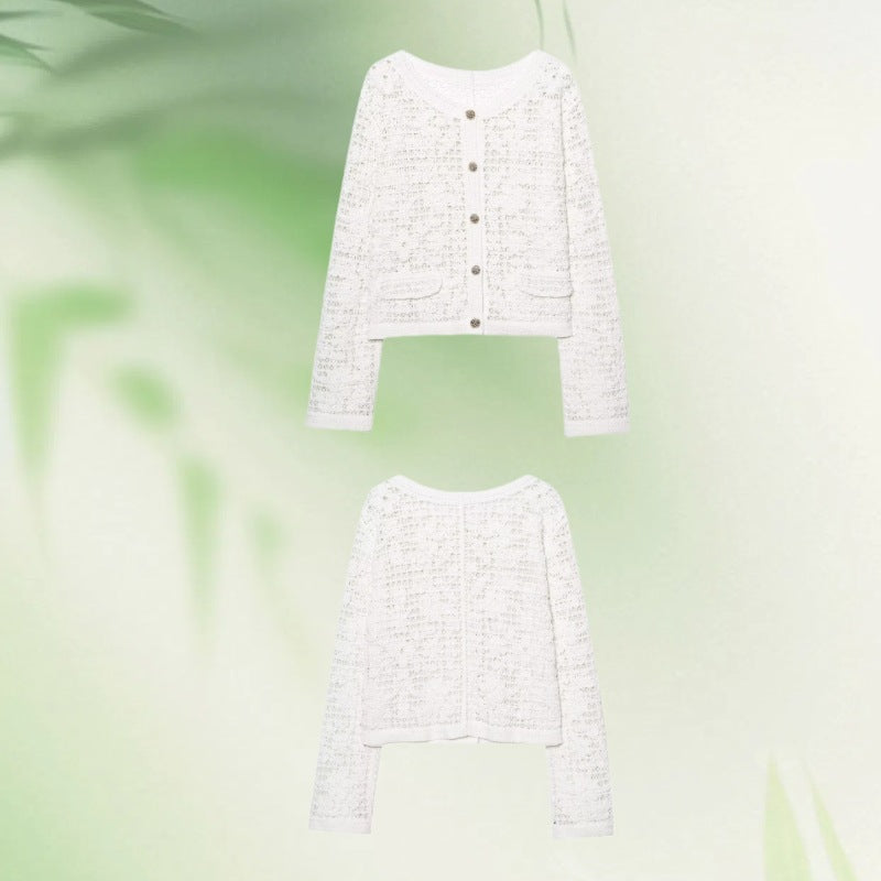 Damen Strickjacke mit feiner Häkelstruktur und praktischen Taschen EB