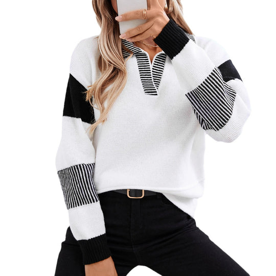 Damen modischer Pullover mit Polo-Kragen und kontrastierenden Streifen EB