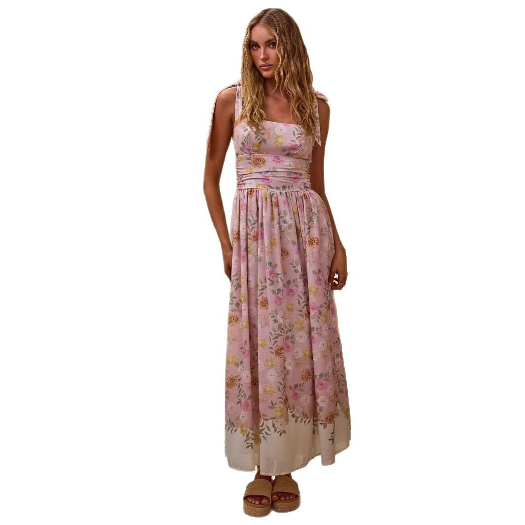 Damen Maxikleid mit floralen Akzenten und verstellbaren Spaghettiträgern EB