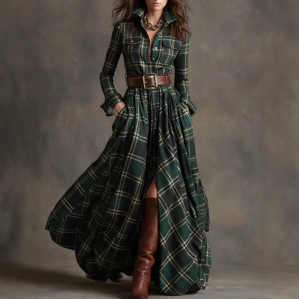Damen nan karierte Maxikleid Hemdblusenkleid mit ausgestelltem Rock und breitem Taillengürtel EB