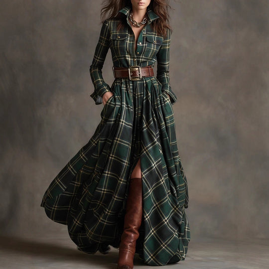 Damen nan karierte Maxikleid Hemdblusenkleid mit ausgestelltem Rock und breitem Taillengürtel EB