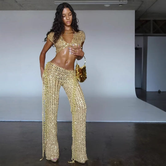 Damen Glitzerndes Festival-Outfit mit kurzem Rock und Bandeau-Oberteil EB