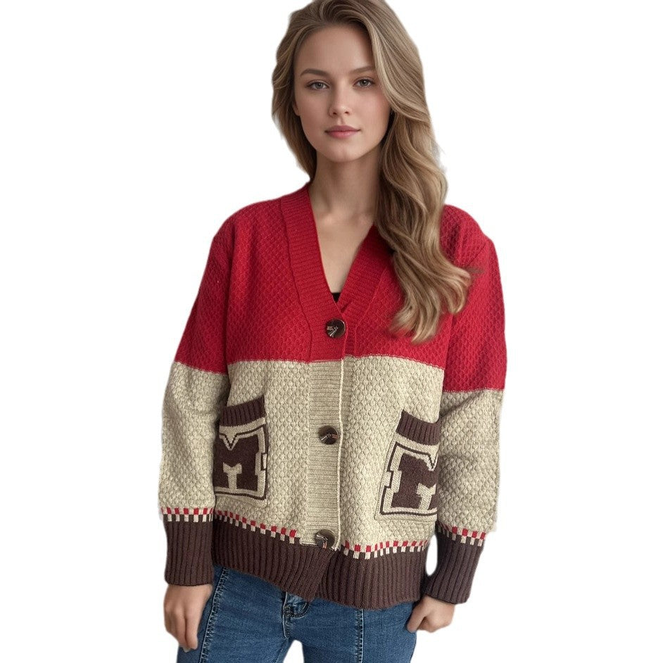 Damen Strickjacke mit dekorativen Taschen und modernem Farbblockdesign EB