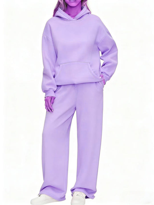 Damen nan Cozy-Loungewear-Set mit oversized Kapuzenpullover, Kängurutasche und weiten Palazzo-Jogginghose EB