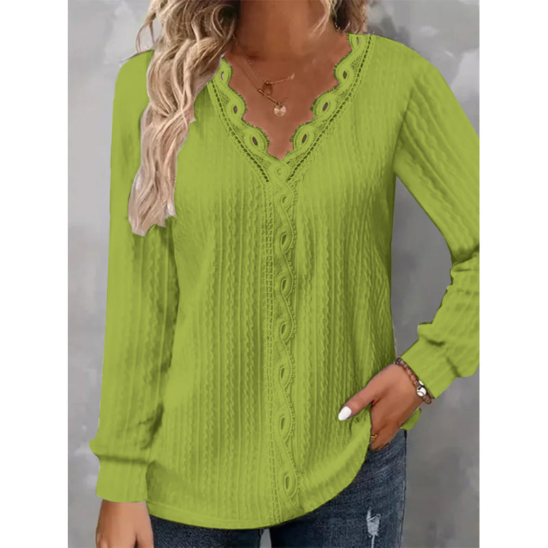 Damen Langarm Bluse mit eleganten Spitzenakzenten und strukturiertem Design EB