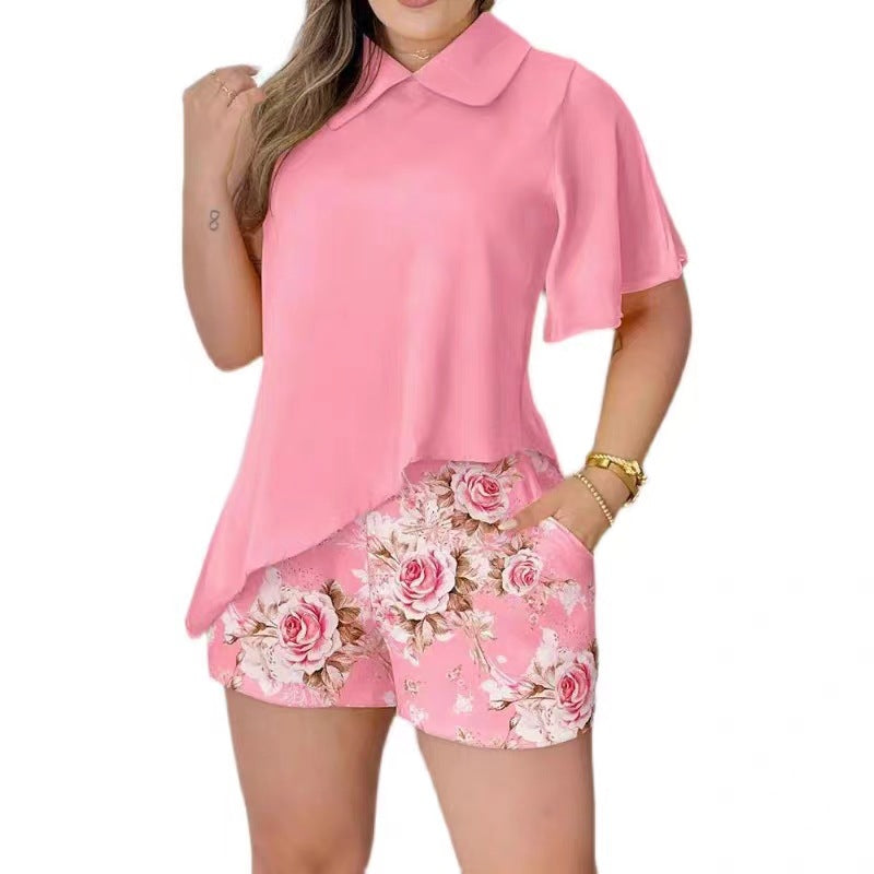 Damen Set aus lässigem Oberteil mit elegantem Kragen und passenden kurzen Hosen EB