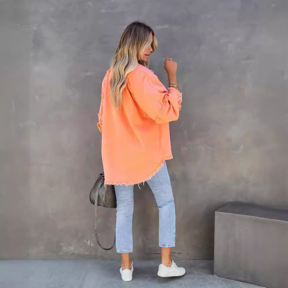 Damen Lässige und stylische Jeansbluse mit Fransen EB