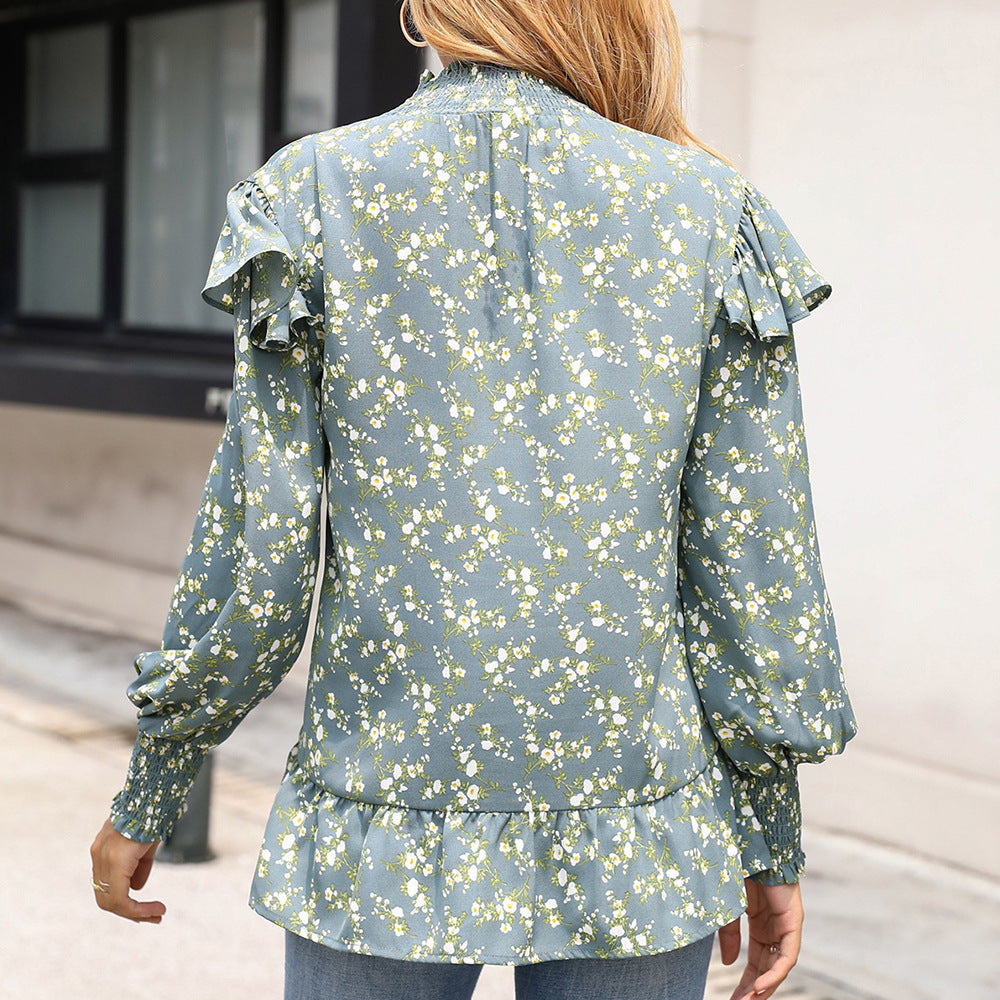 Damen elegante Bluse mit Rüschendetail und hohem Kragen EB