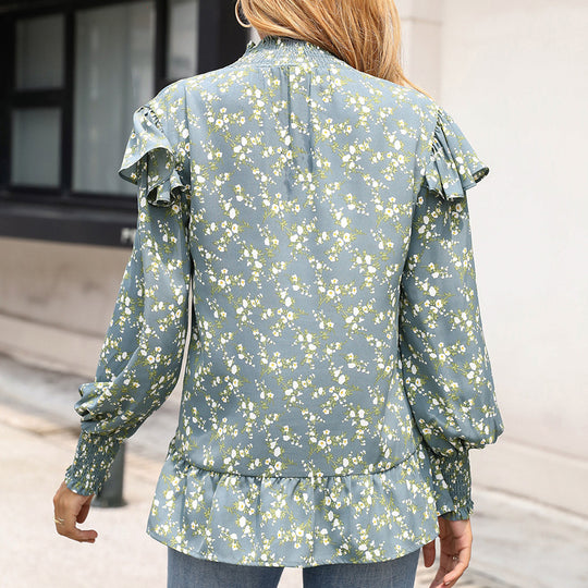 Damen elegante Bluse mit Rüschendetail und hohem Kragen EB