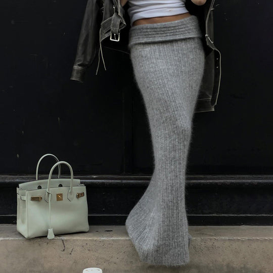 Damen nan hochtaillierter gerippter Maxi-Strickrock mit Twist-Taillenbund und figurumspielender A-Linie EB