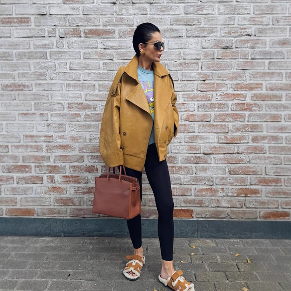 Damen Oversized Kunstlederjacke mit doppelter Knopfleiste und modischem Schnitt EB