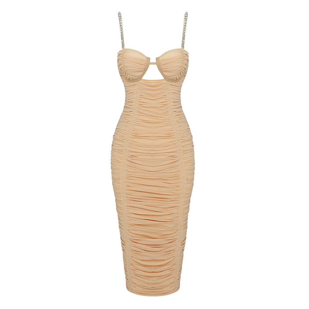 Damen figurbetontes Wickelkleid mit Raffungen und funkelnden Trägern EB