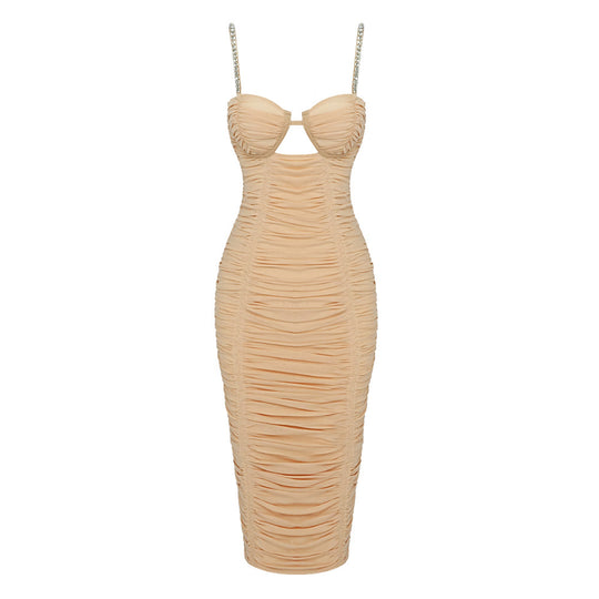 Damen figurbetontes Wickelkleid mit Raffungen und funkelnden Trägern EB