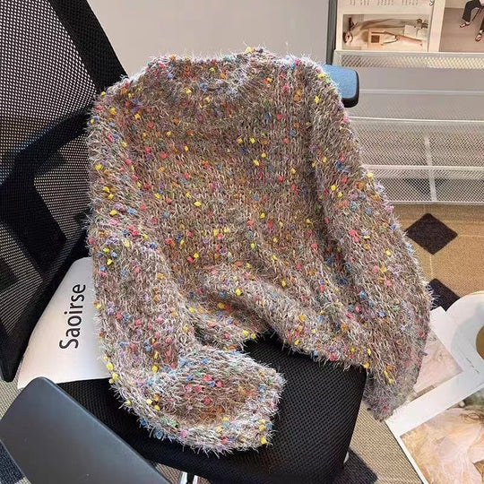 Damen modischer Pullover mit buntem Strukturstrick und Rundhalsausschnitt EB